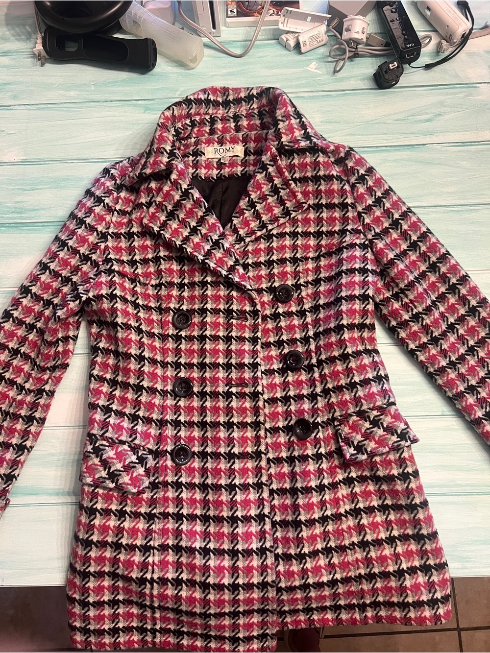 Romy Pink and Black Plaid Double-Breasted Wool-Blend Pea Coat